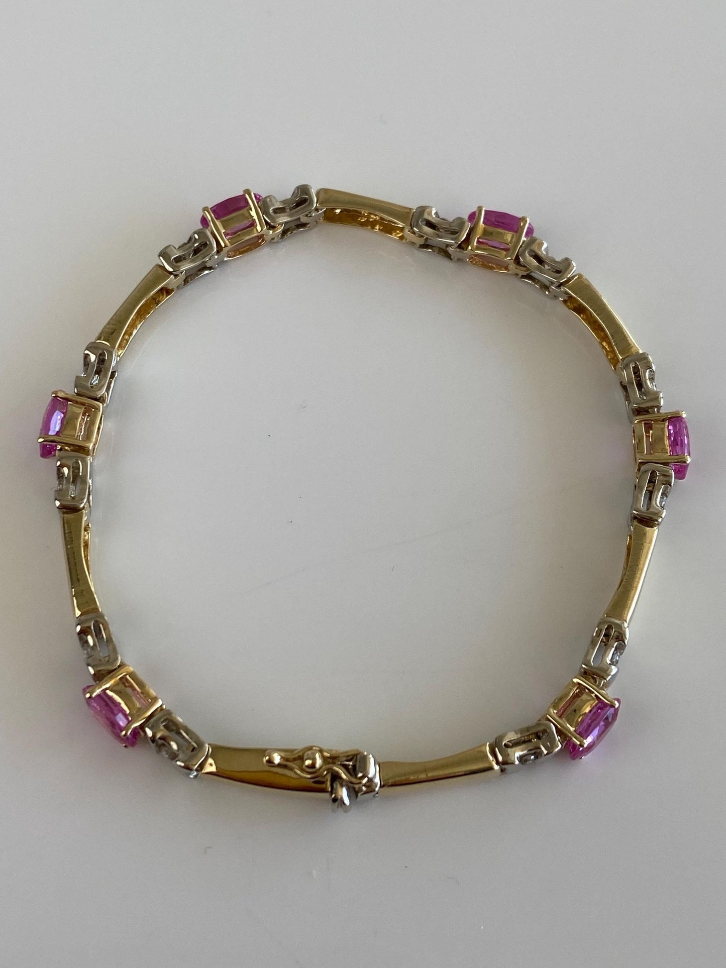 Vintage Solid 14k White & Yellow Gold Diamond Pink Sapphire Link Bracelet - 7.25 inches