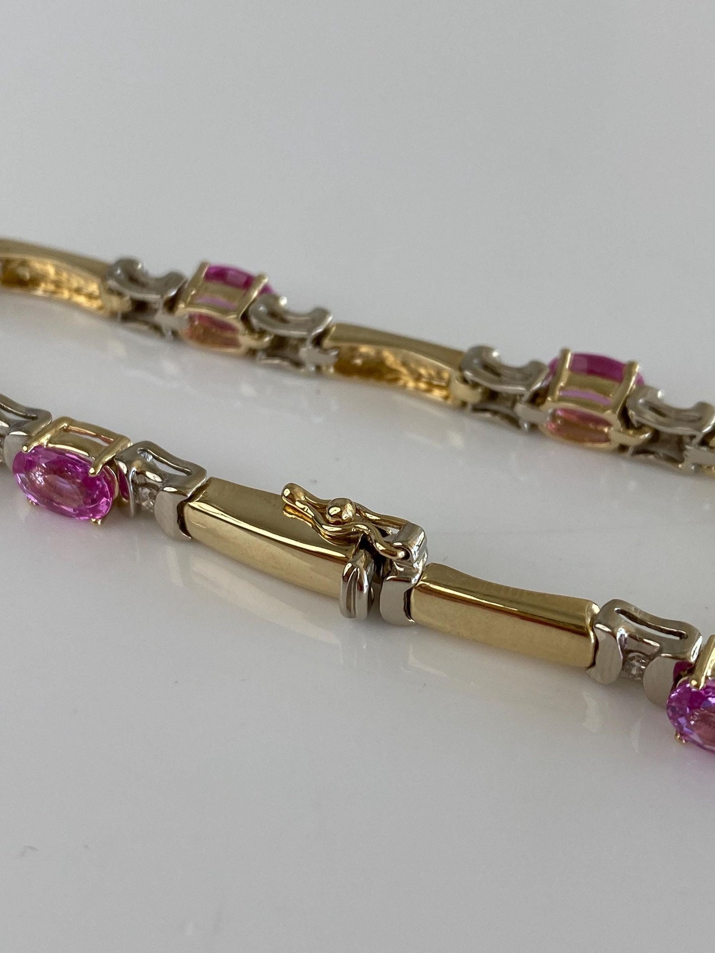 Vintage Solid 14k White & Yellow Gold Diamond Pink Sapphire Link Bracelet - 7.25 inches
