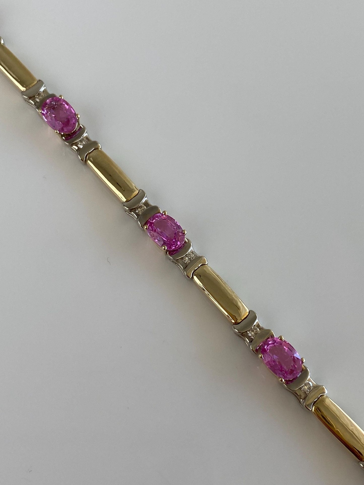 Vintage Solid 14k White & Yellow Gold Diamond Pink Sapphire Link Bracelet - 7.25 inches