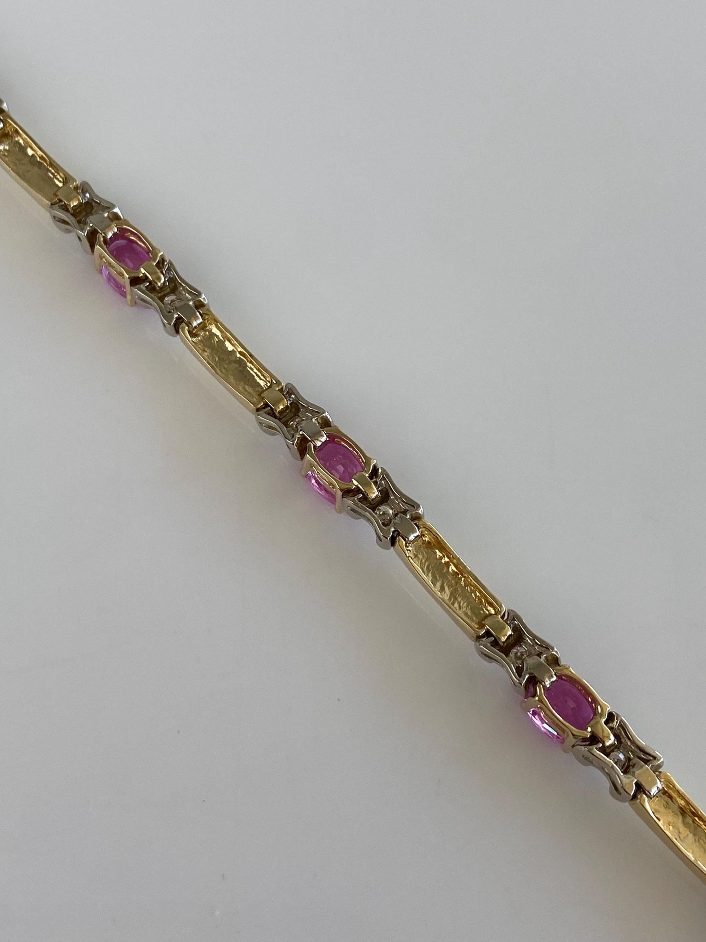 Vintage Solid 14k White & Yellow Gold Diamond Pink Sapphire Link Bracelet - 7.25 inches