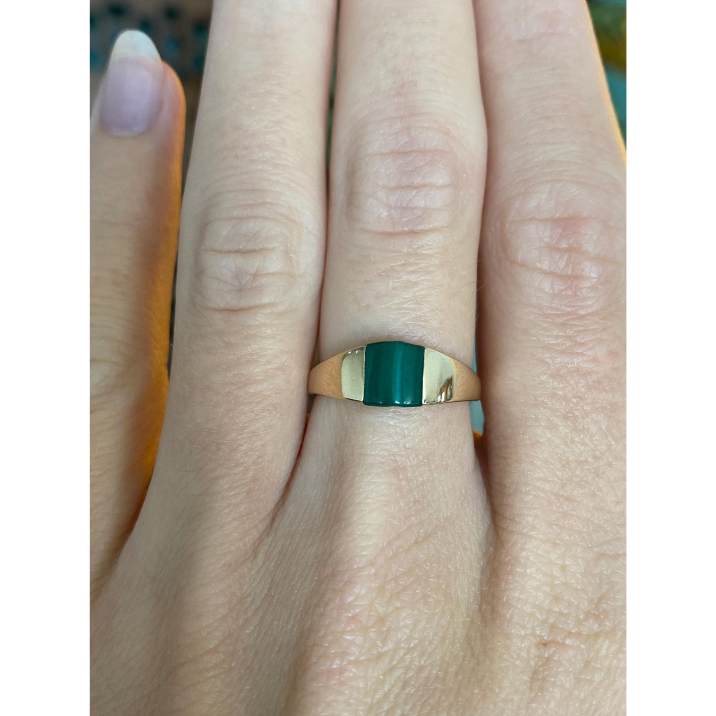 Vintage Solid 14k Yellow Gold Malachite Ring - Size 5.75