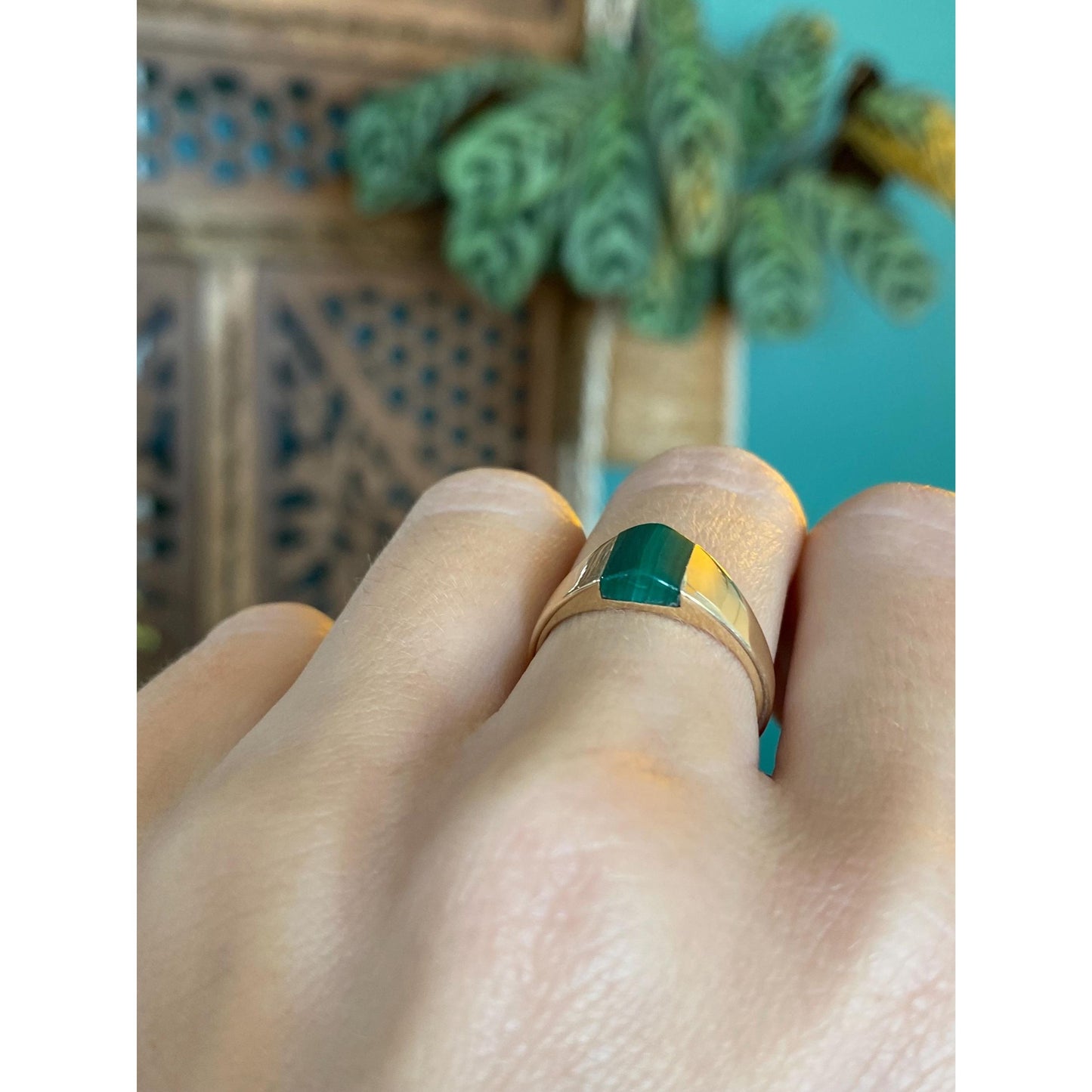 Vintage Solid 14k Yellow Gold Malachite Ring - Size 5.75