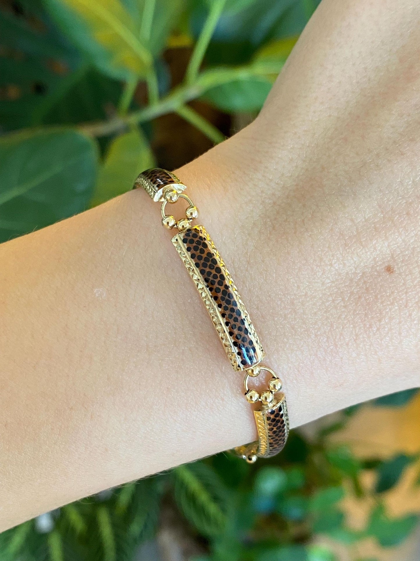 Vintage 14k Yellow Gold Enamel Animal Print Link Bracelet - 7.25 inches