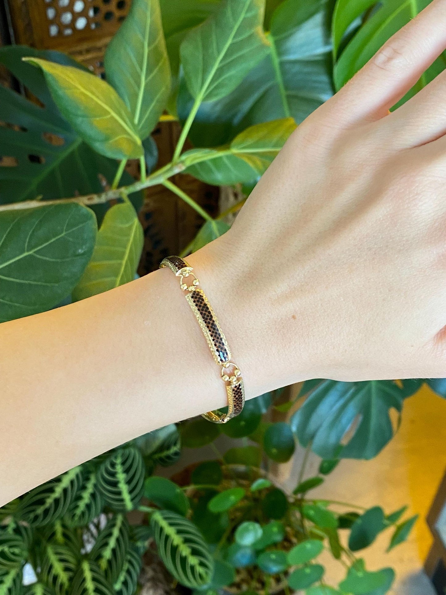 Vintage 14k Yellow Gold Enamel Animal Print Link Bracelet - 7.25 inches
