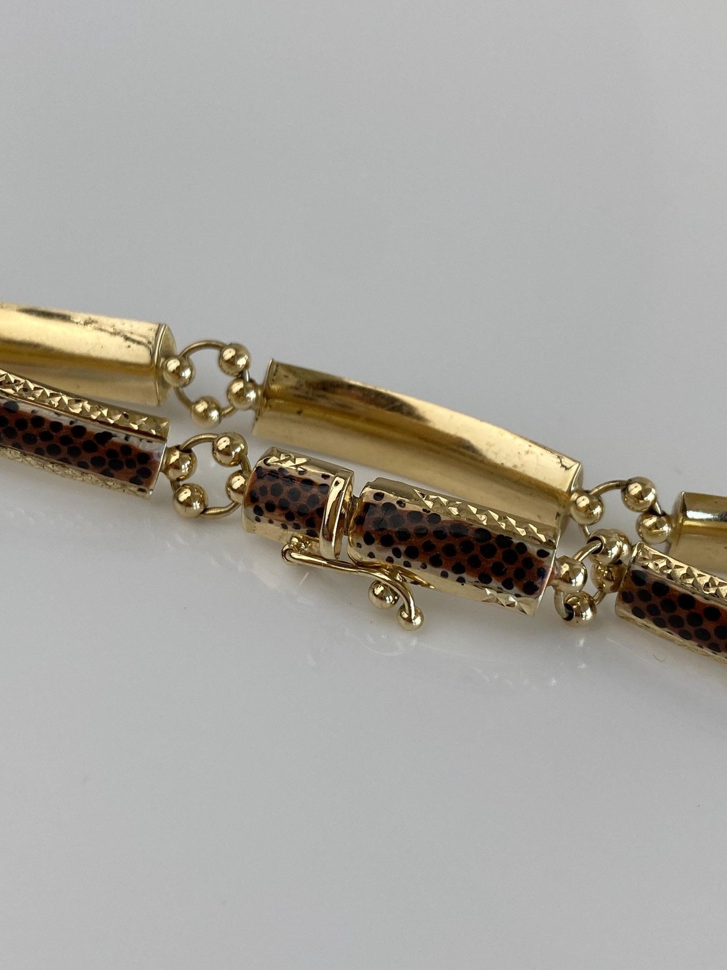 Vintage 14k Yellow Gold Enamel Animal Print Link Bracelet - 7.25 inches