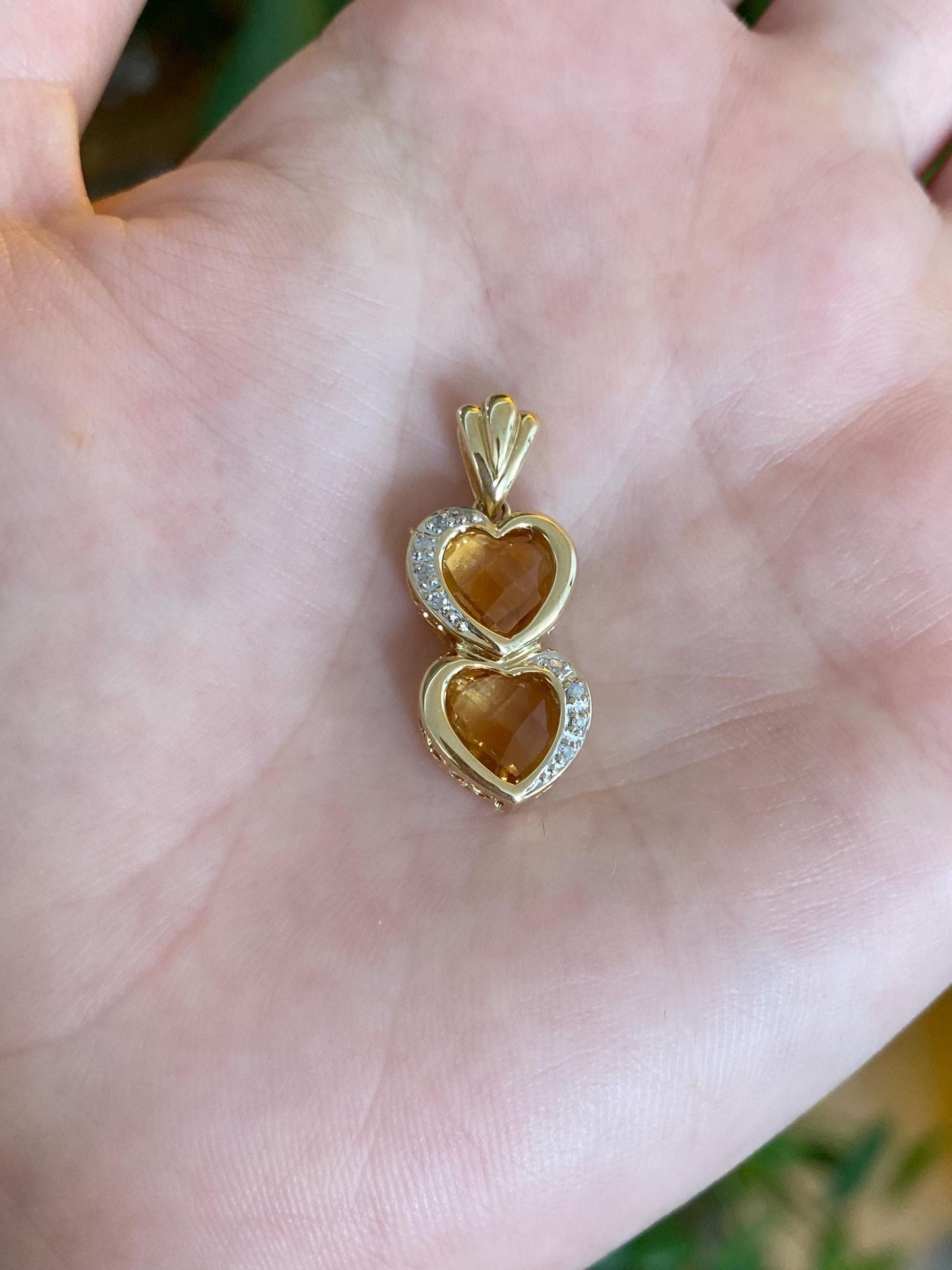 Vintage Solid 10k Yellow Gold Diamonds Rose Cut Citrine Hearts Charm