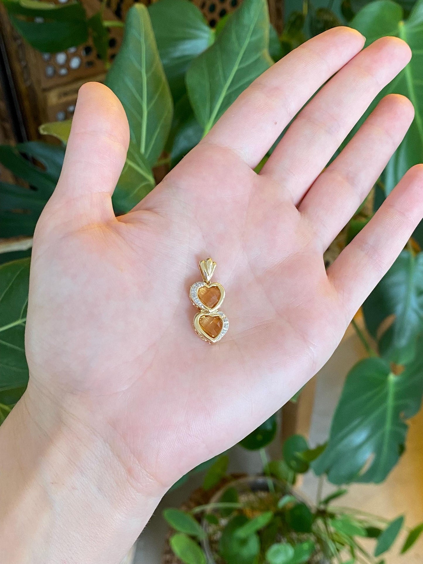 Vintage Solid 10k Yellow Gold Diamonds Rose Cut Citrine Hearts Charm