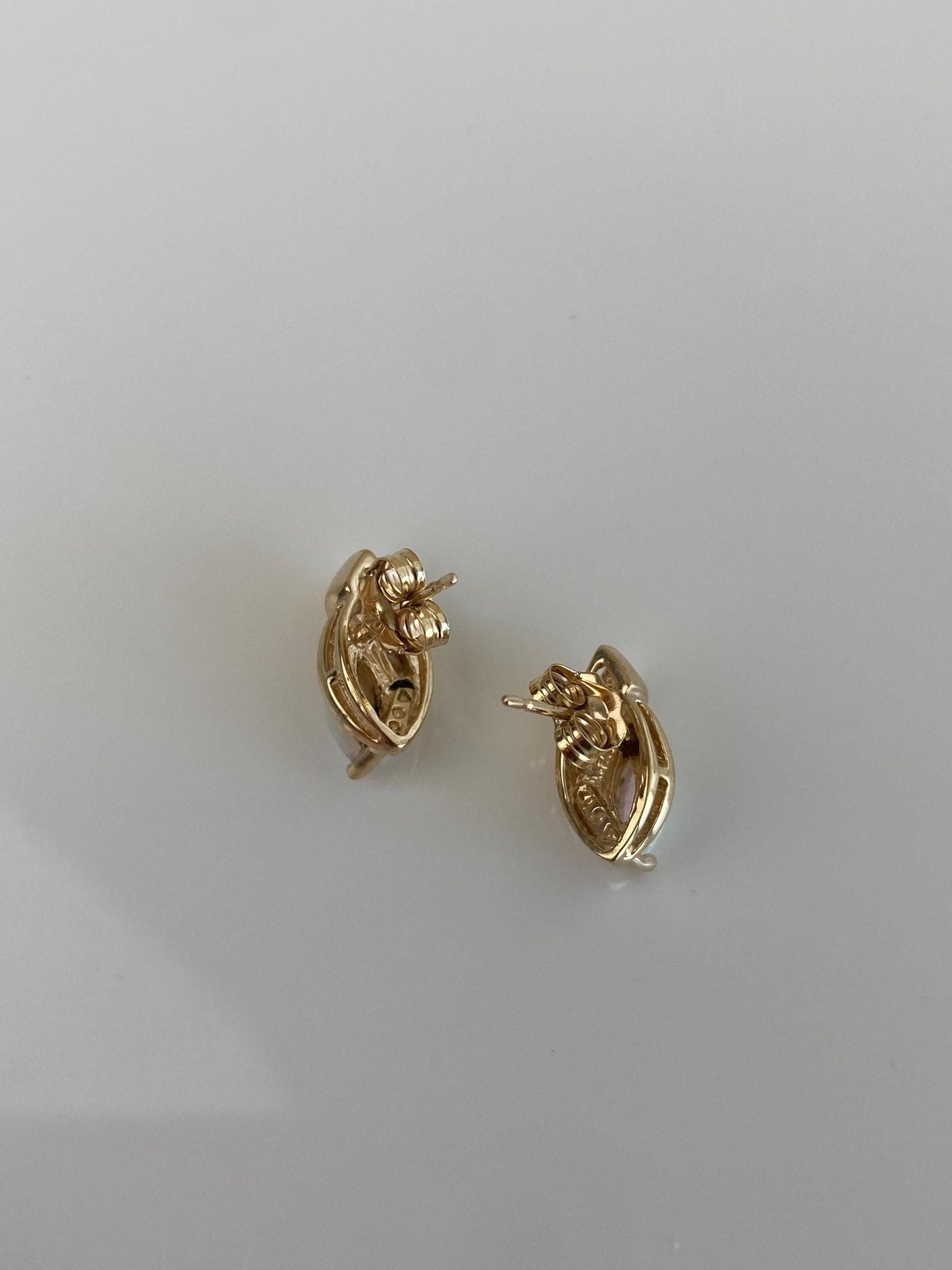 Vintage Solid 10k Yellow Gold Opal Clear Cubic Zirconia Stud Earrings