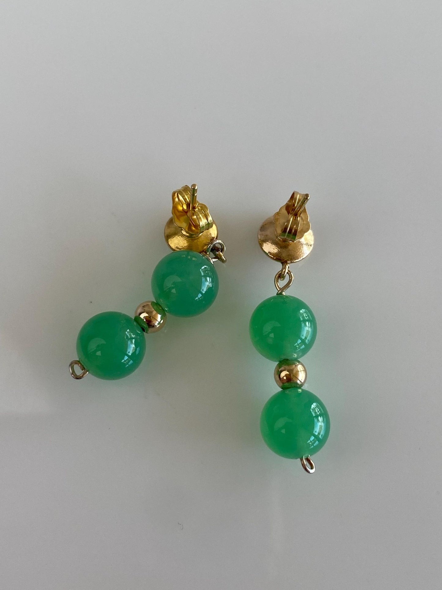 Vintage Solid 14k Yellow Gold Jade Bead Dangle Stud Earrings