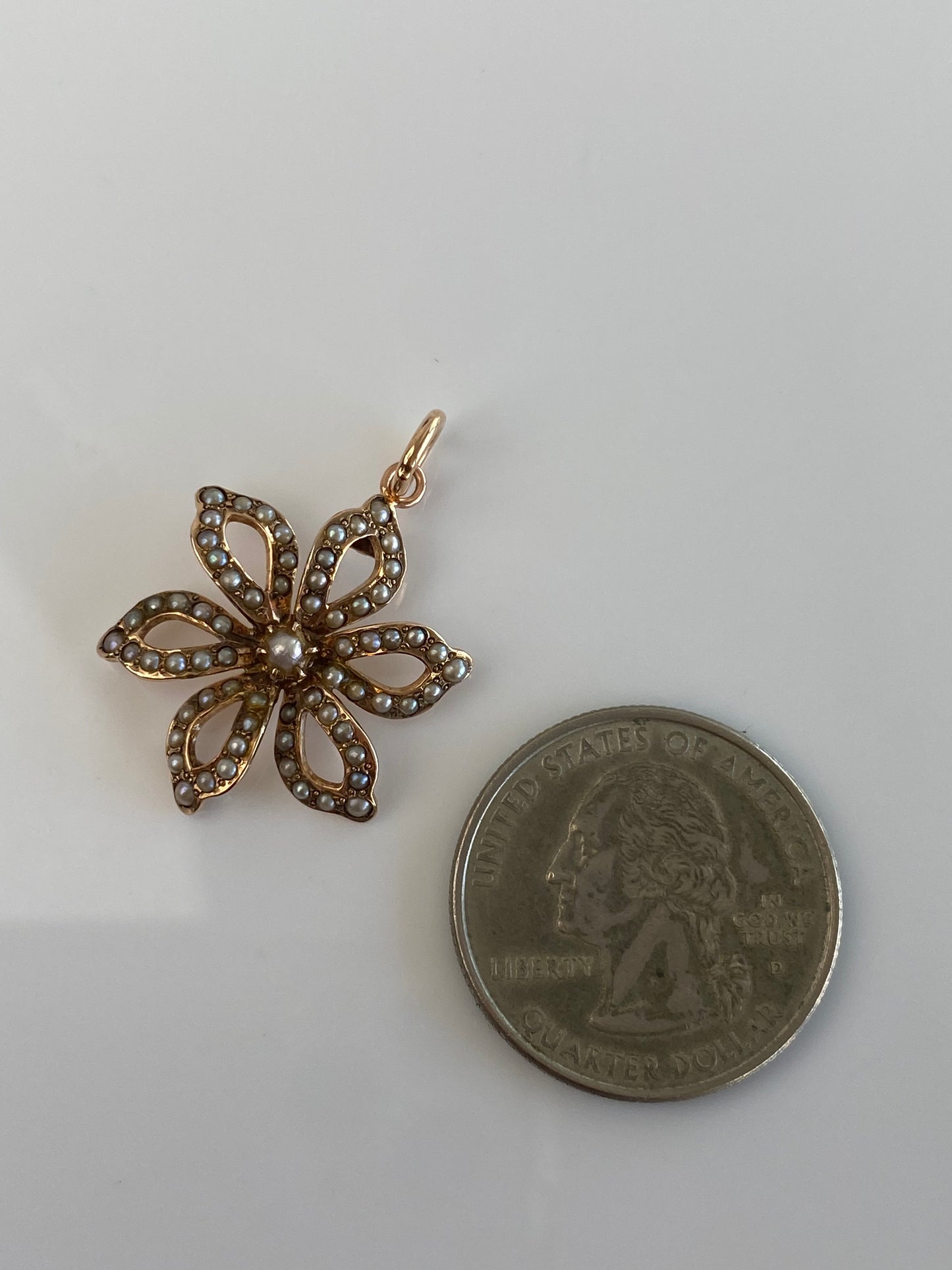 Vintage Solid 10k Rosey Gold Seed Pearls Flower Charm