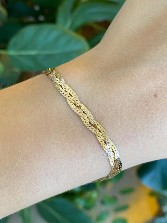 Vintage Solid 14k Yellow Gold Braided Herringbone Chain Bracelet - 7 inches