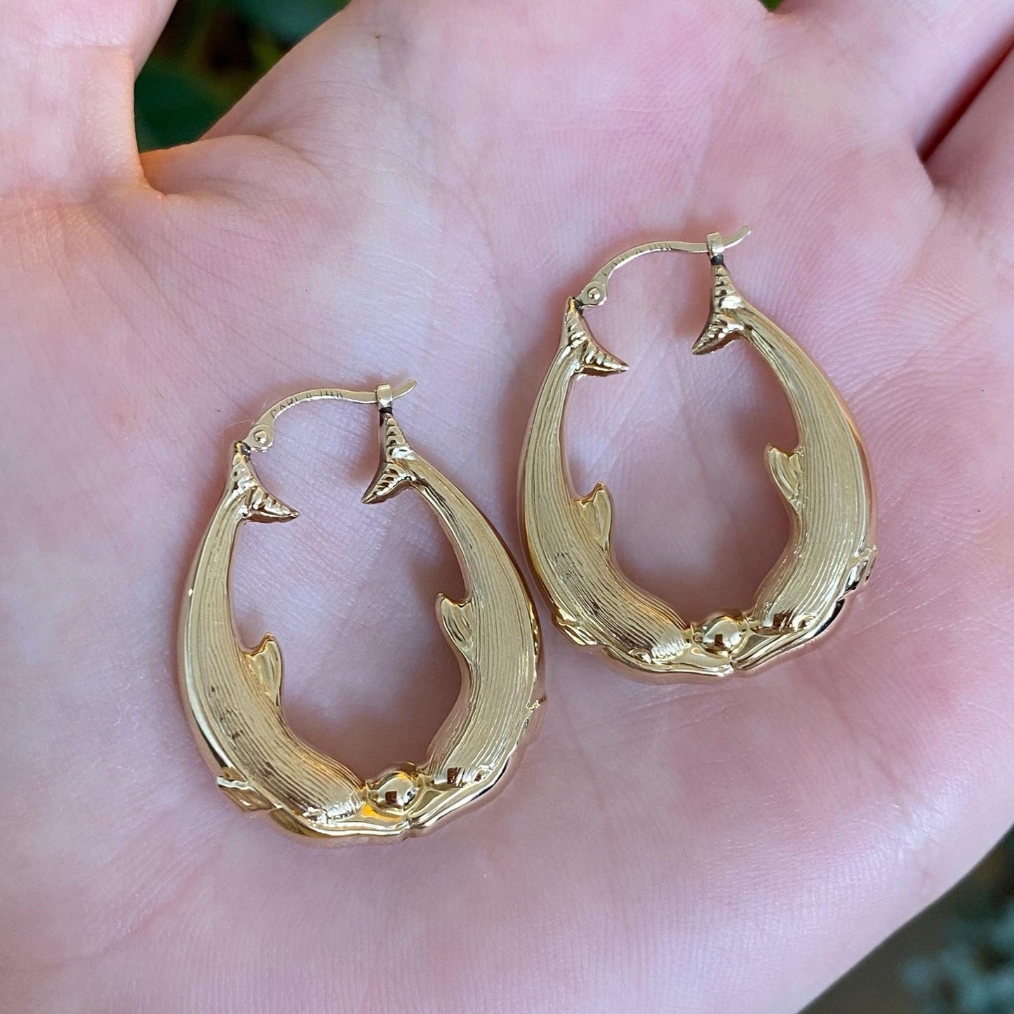 Vintage 14k Yellow Gold Dolphin Hoop Earrings