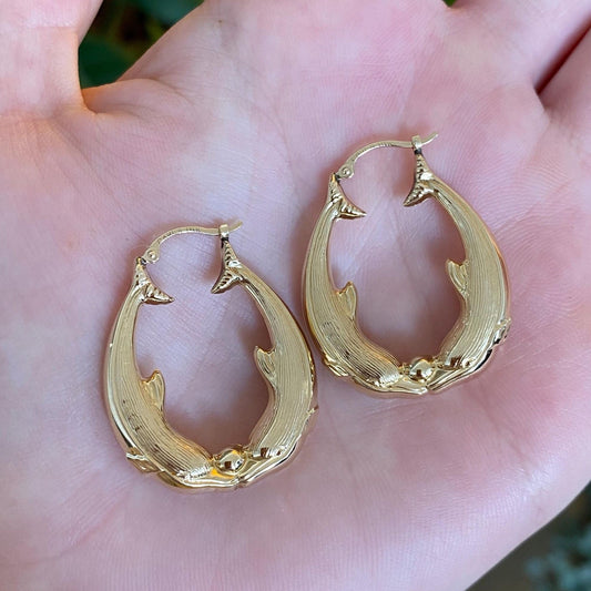 Vintage 14k Yellow Gold Dolphin Hoop Earrings