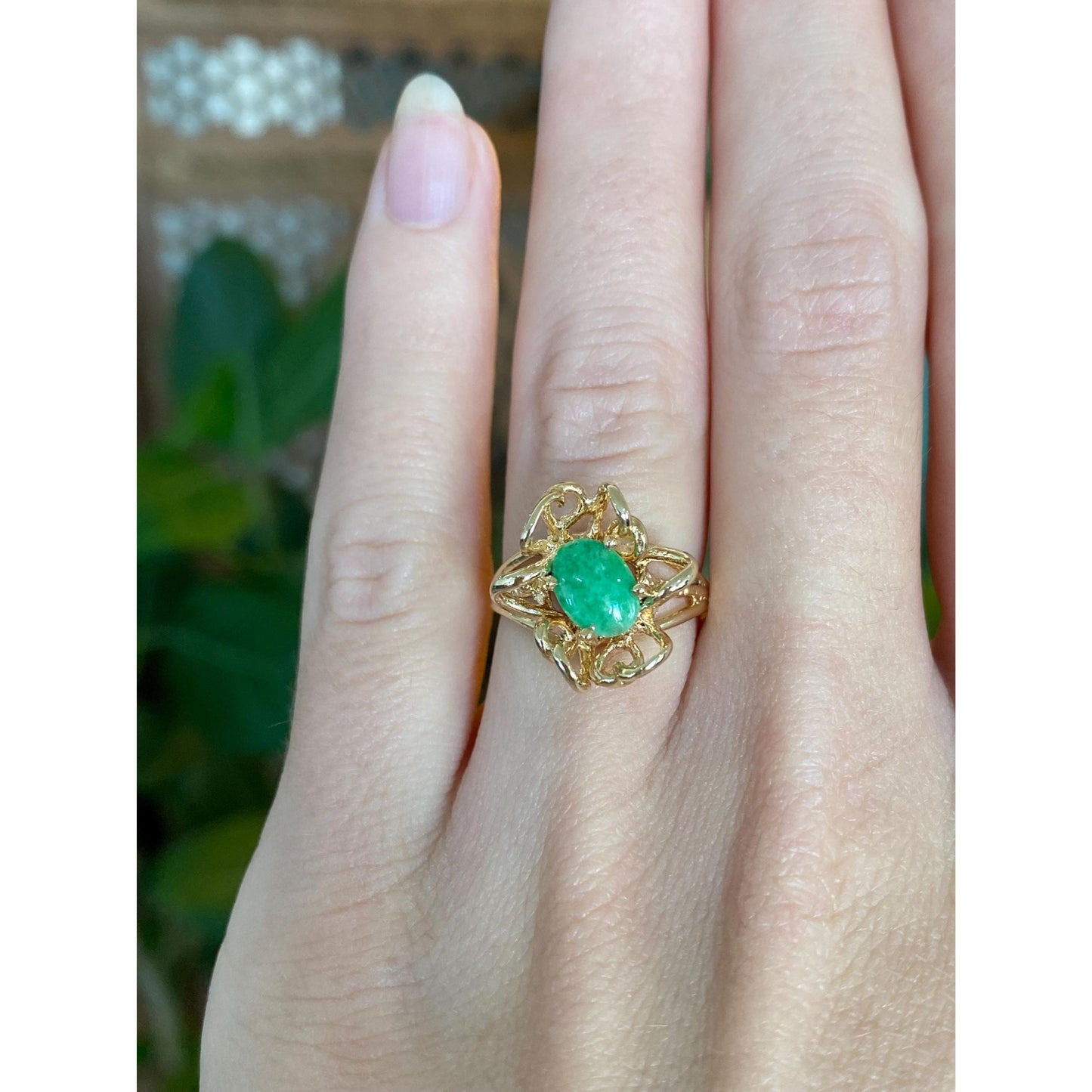 Solid 14k Yellow Gold Abstract Jade Ring - Size 4.75