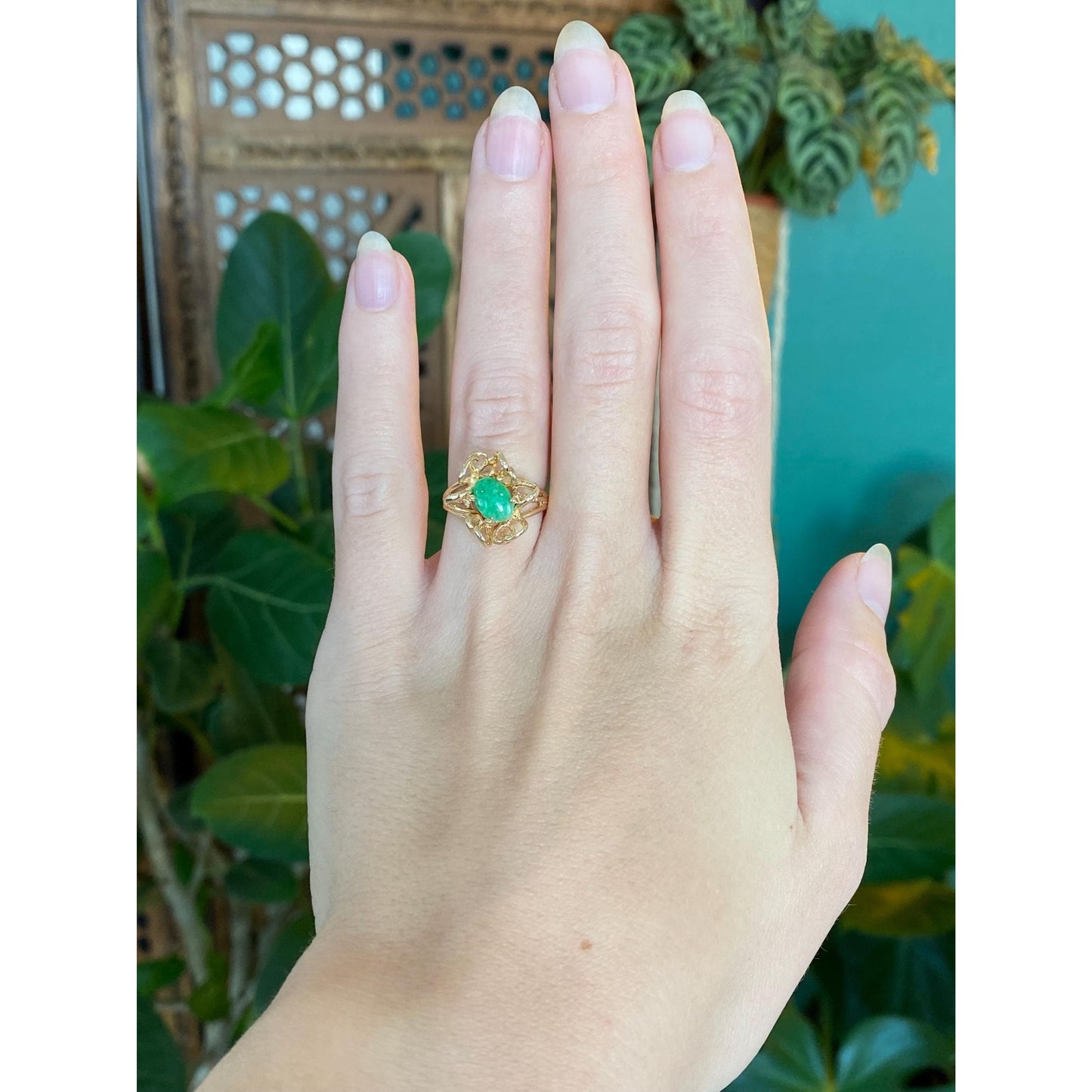 Solid 14k Yellow Gold Abstract Jade Ring - Size 4.75