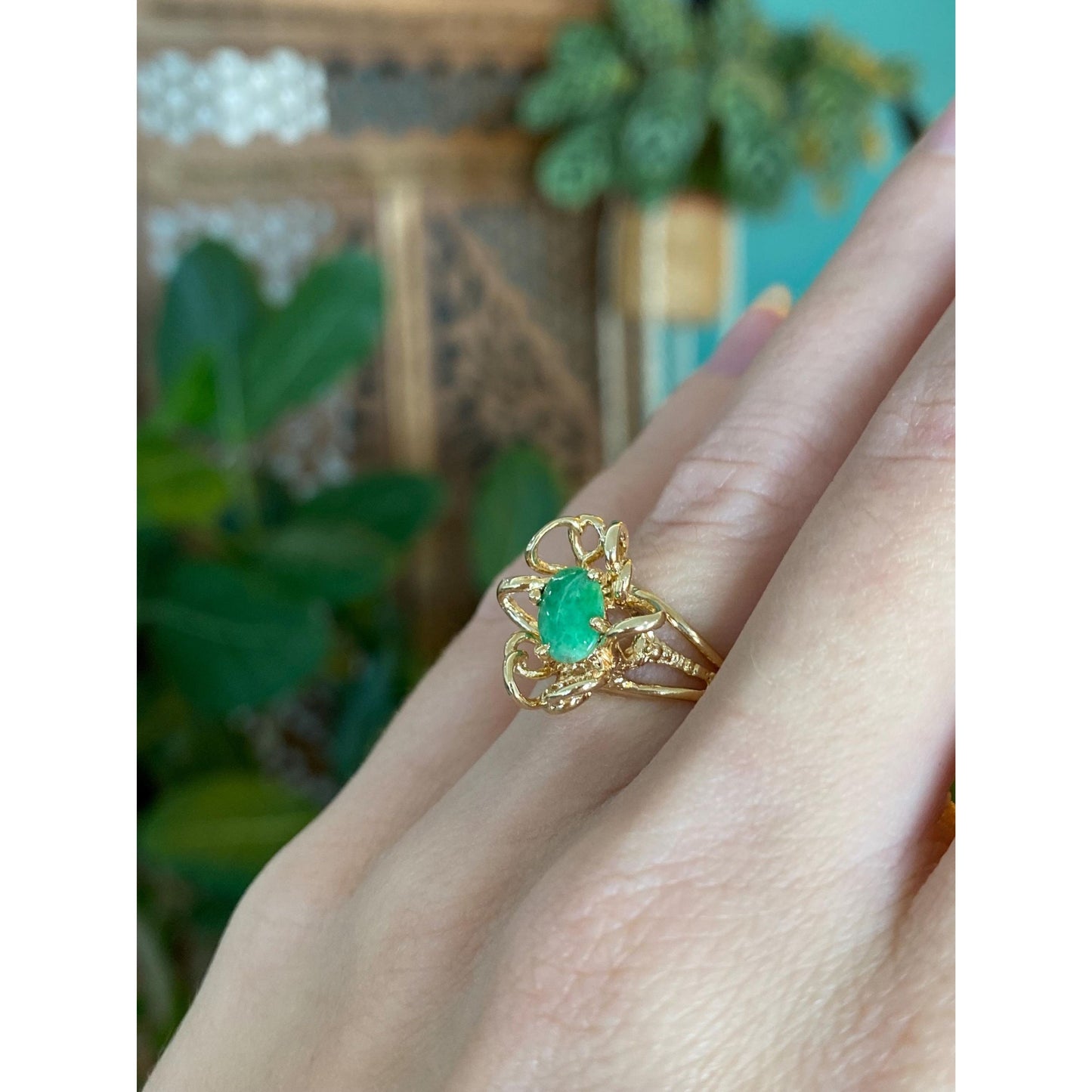 Solid 14k Yellow Gold Abstract Jade Ring - Size 4.75