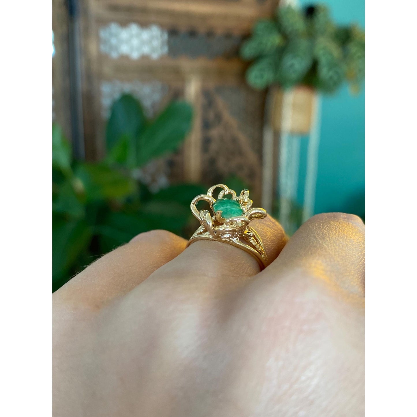 Solid 14k Yellow Gold Abstract Jade Ring - Size 4.75
