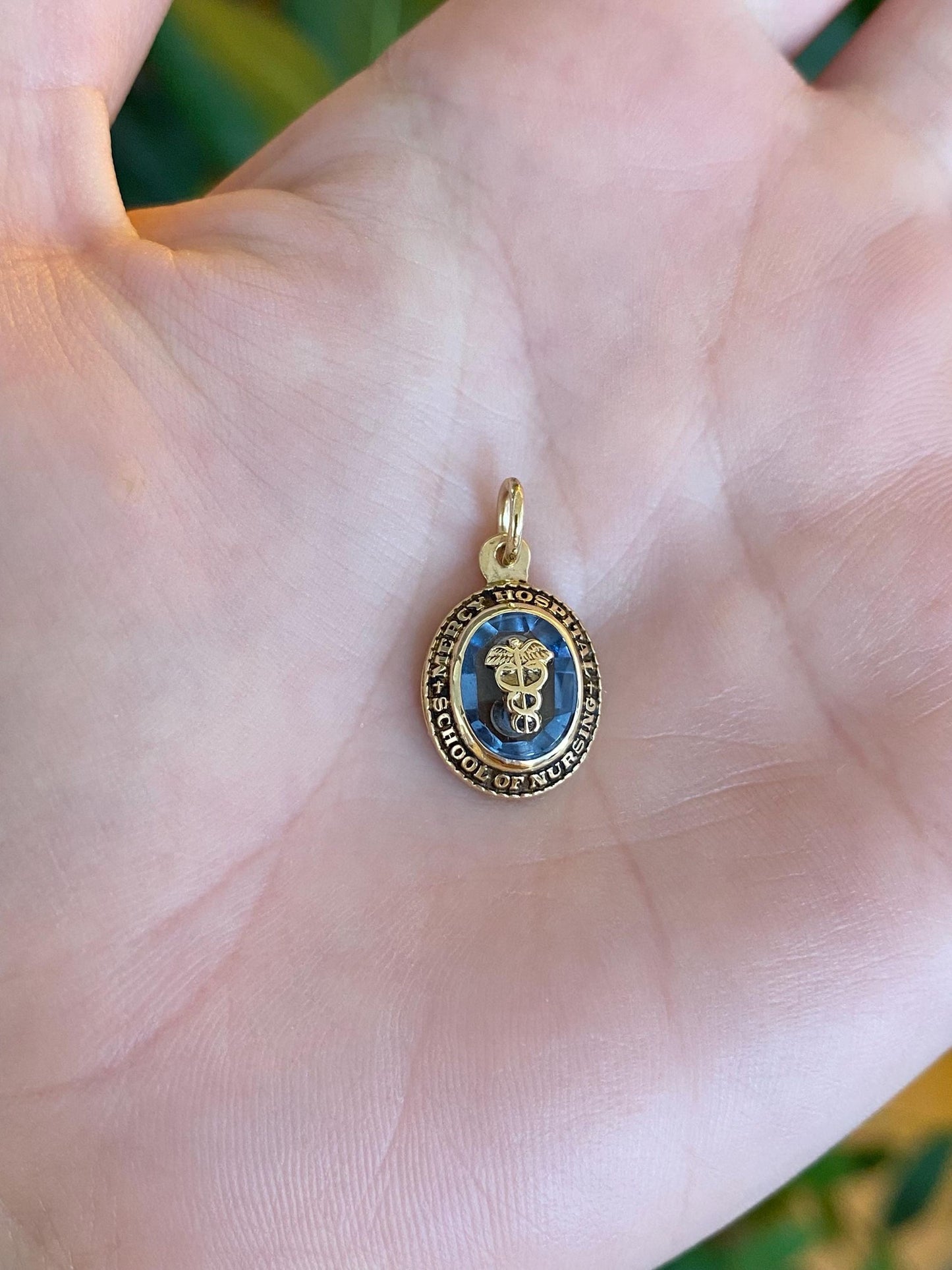 Vintage Solid 9k Yellow Gold Light Blue Spinel Mercy Hospital School of Nursing Charm