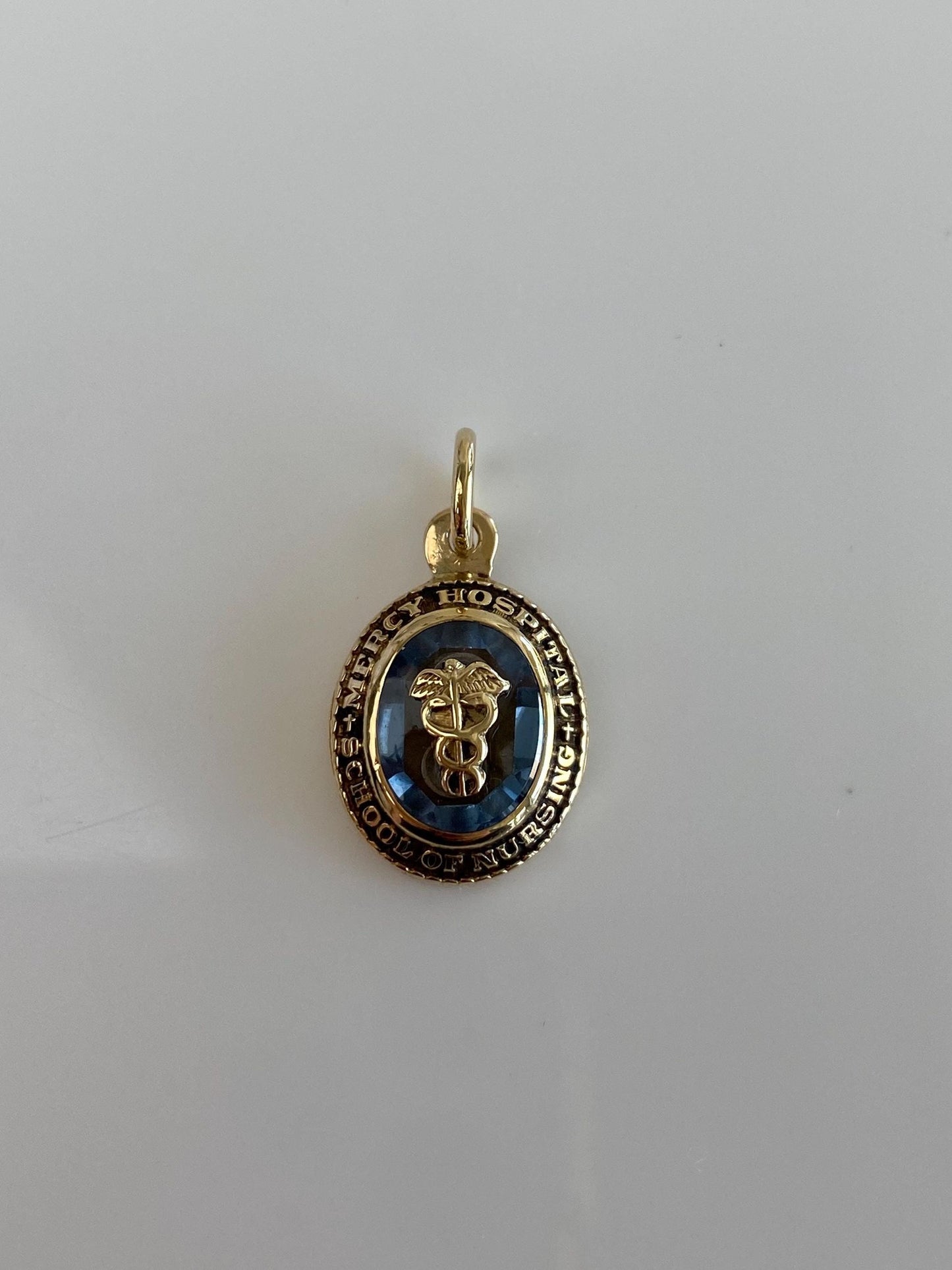 Vintage Solid 9k Yellow Gold Light Blue Spinel Mercy Hospital School of Nursing Charm