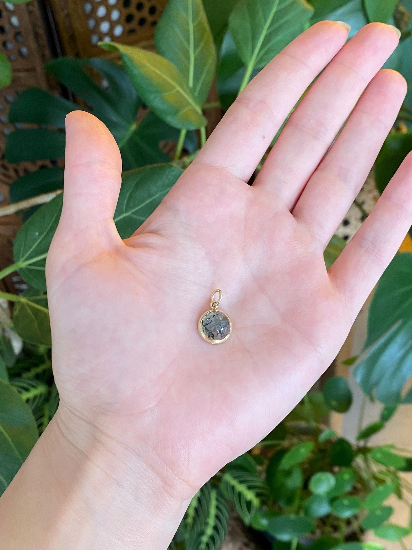 Vintage Solid 14k Yellow Gold Green Moss Agate Stick Pin Charm