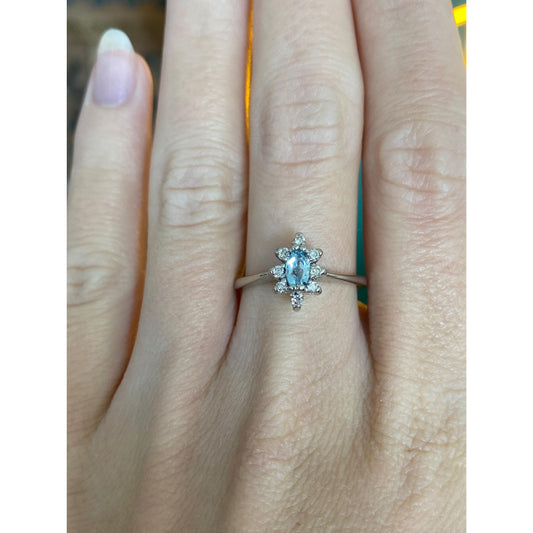 Vintage Solid 10k White Gold Diamond Halo Aquamarine Ring - Size 7.25
