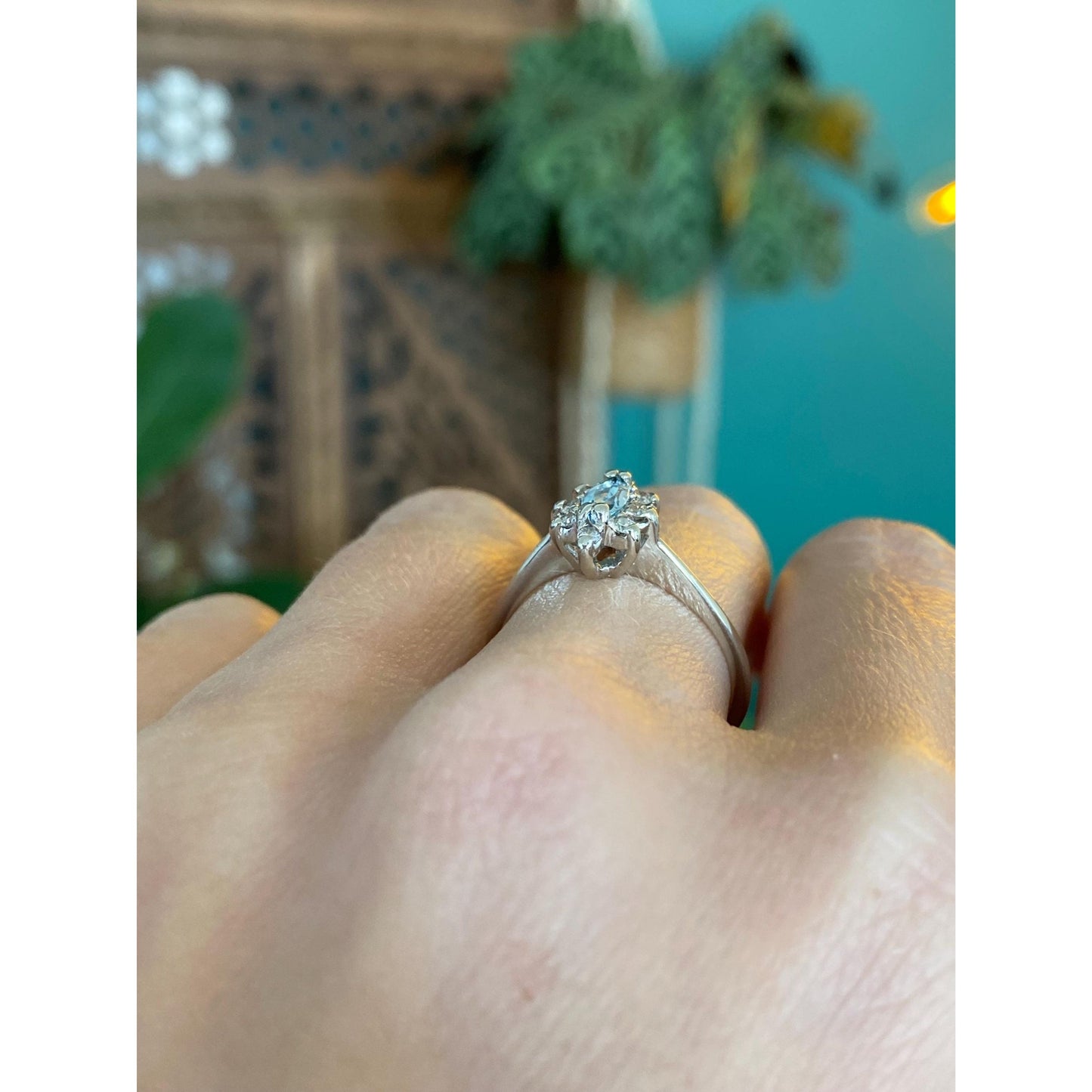 Vintage Solid 10k White Gold Diamond Halo Aquamarine Ring - Size 7.25