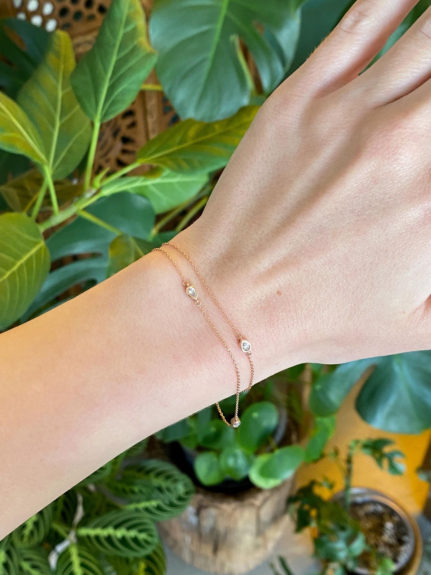 Vintage Solid 10k Rose Gold Diamond Link Double Strand Cable Chain Bracelet - 7.25 inches