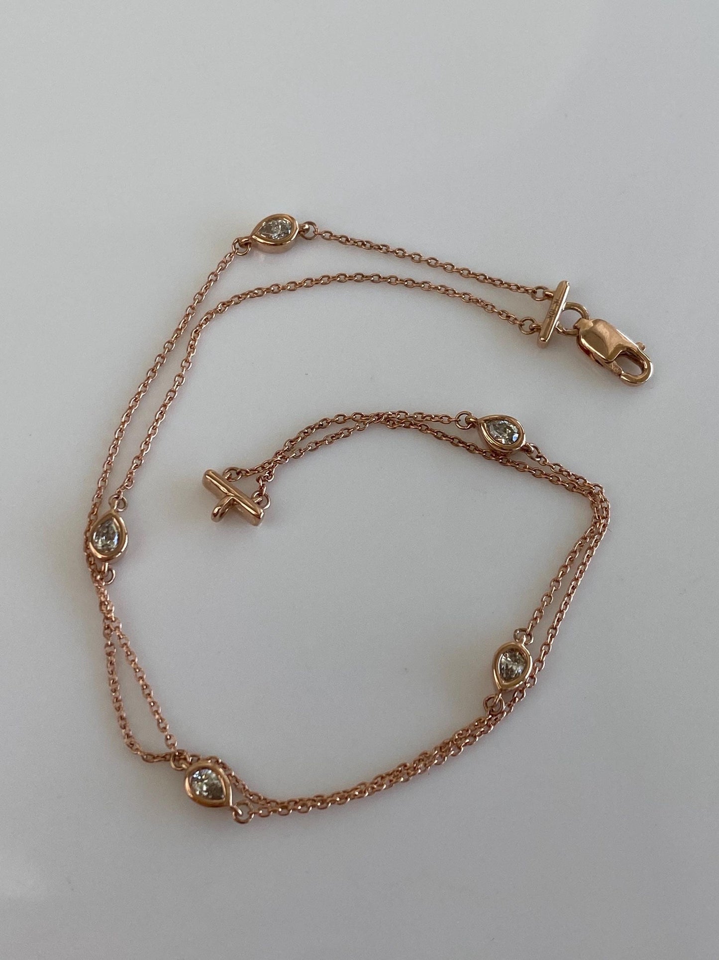 Vintage Solid 10k Rose Gold Diamond Link Double Strand Cable Chain Bracelet - 7.25 inches
