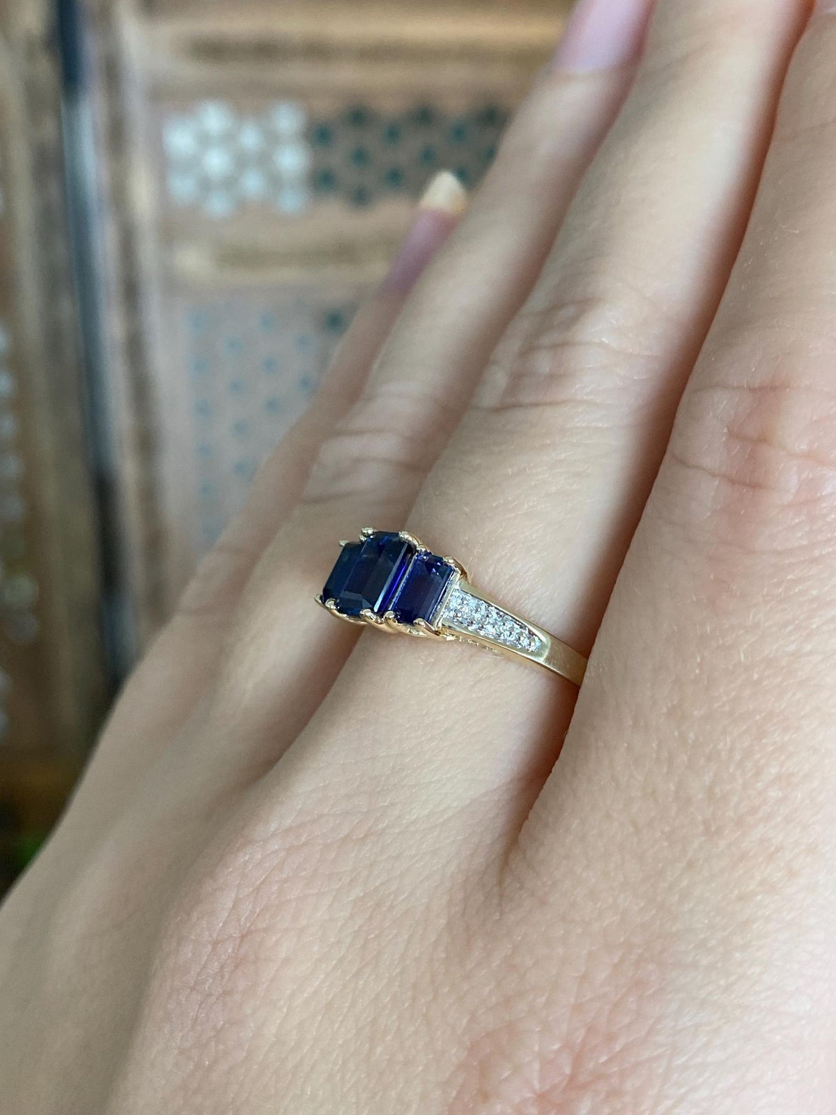 Vintage Solid 10k White & Yellow Gold Diamond Blue Sapphire Ring - Size 8.25