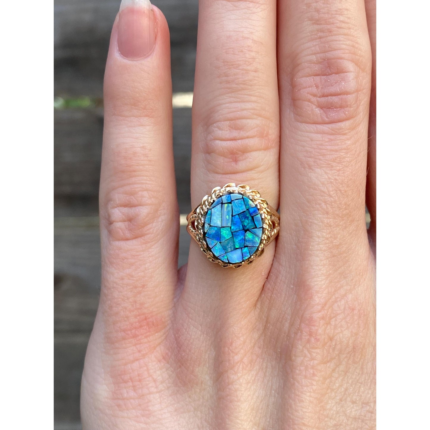 Vintage Solid 10k Yellow Gold Opal Mosaic Ring - Size 4.25