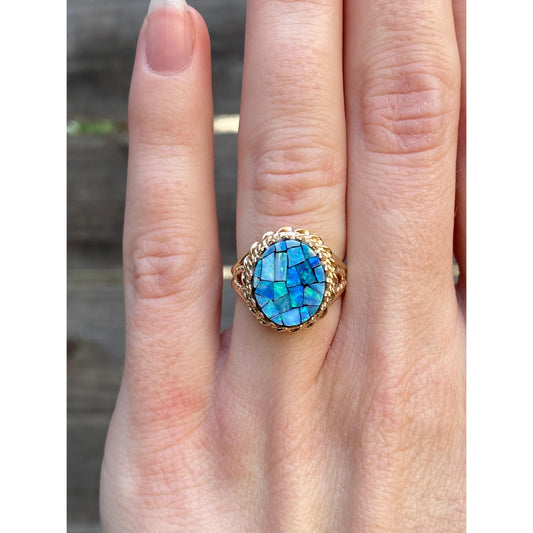 Vintage Solid 10k Yellow Gold Opal Mosaic Ring - Size 4.25