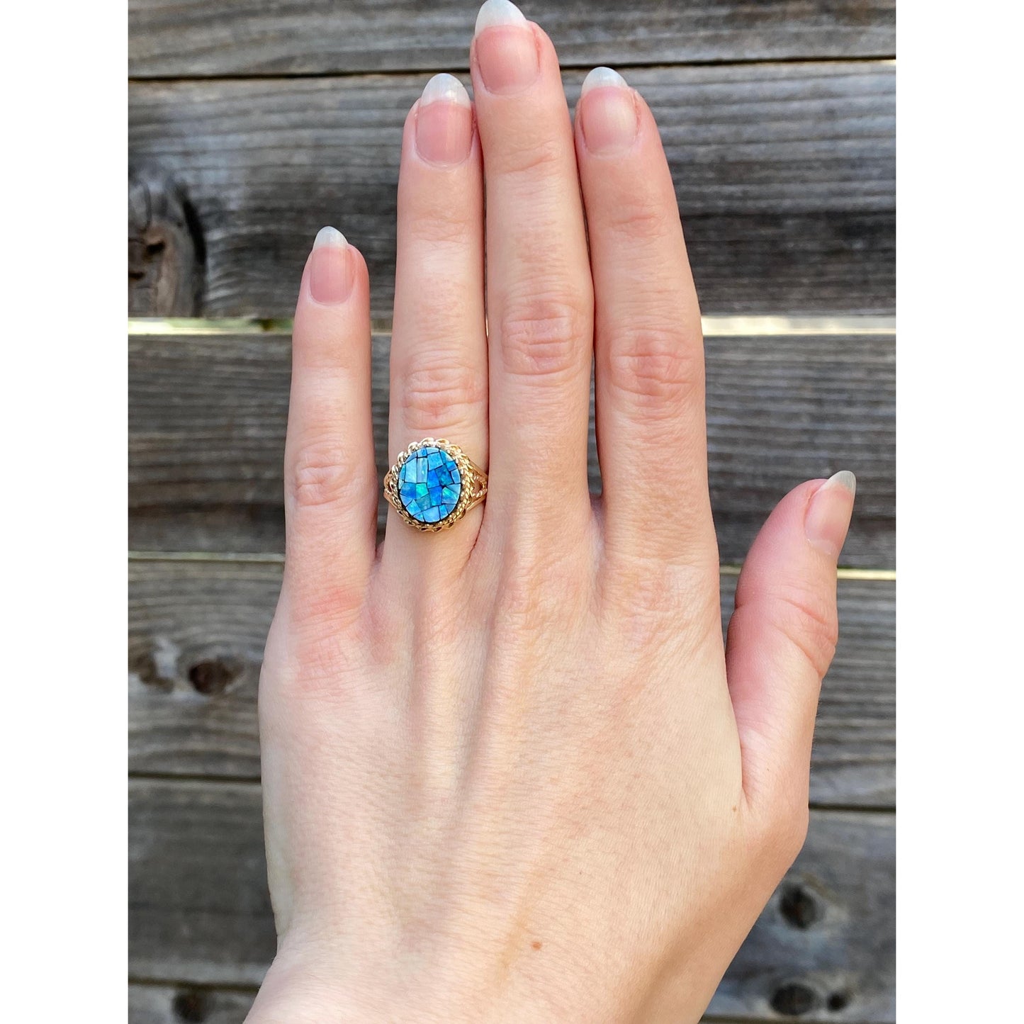 Vintage Solid 10k Yellow Gold Opal Mosaic Ring - Size 4.25