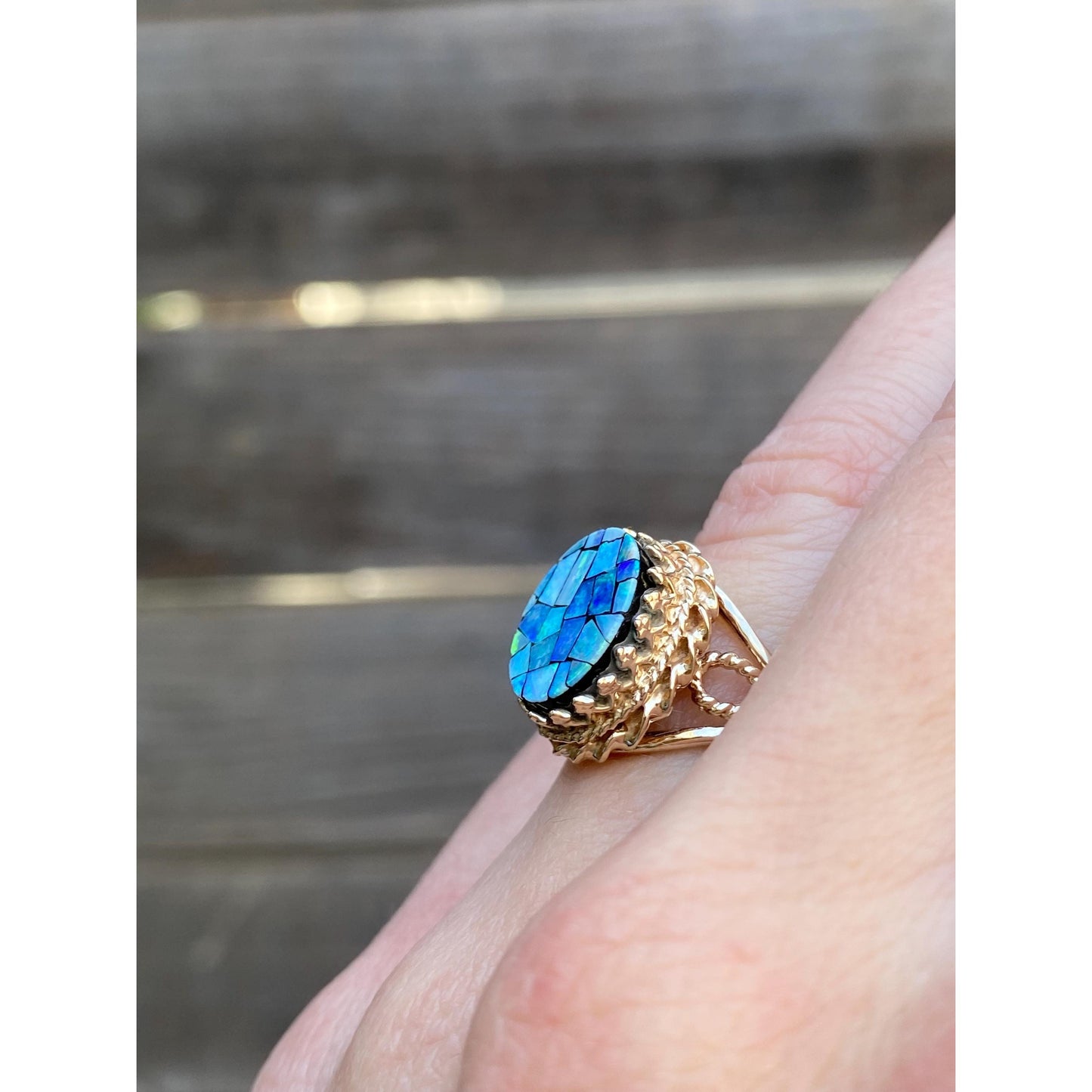 Vintage Solid 10k Yellow Gold Opal Mosaic Ring - Size 4.25