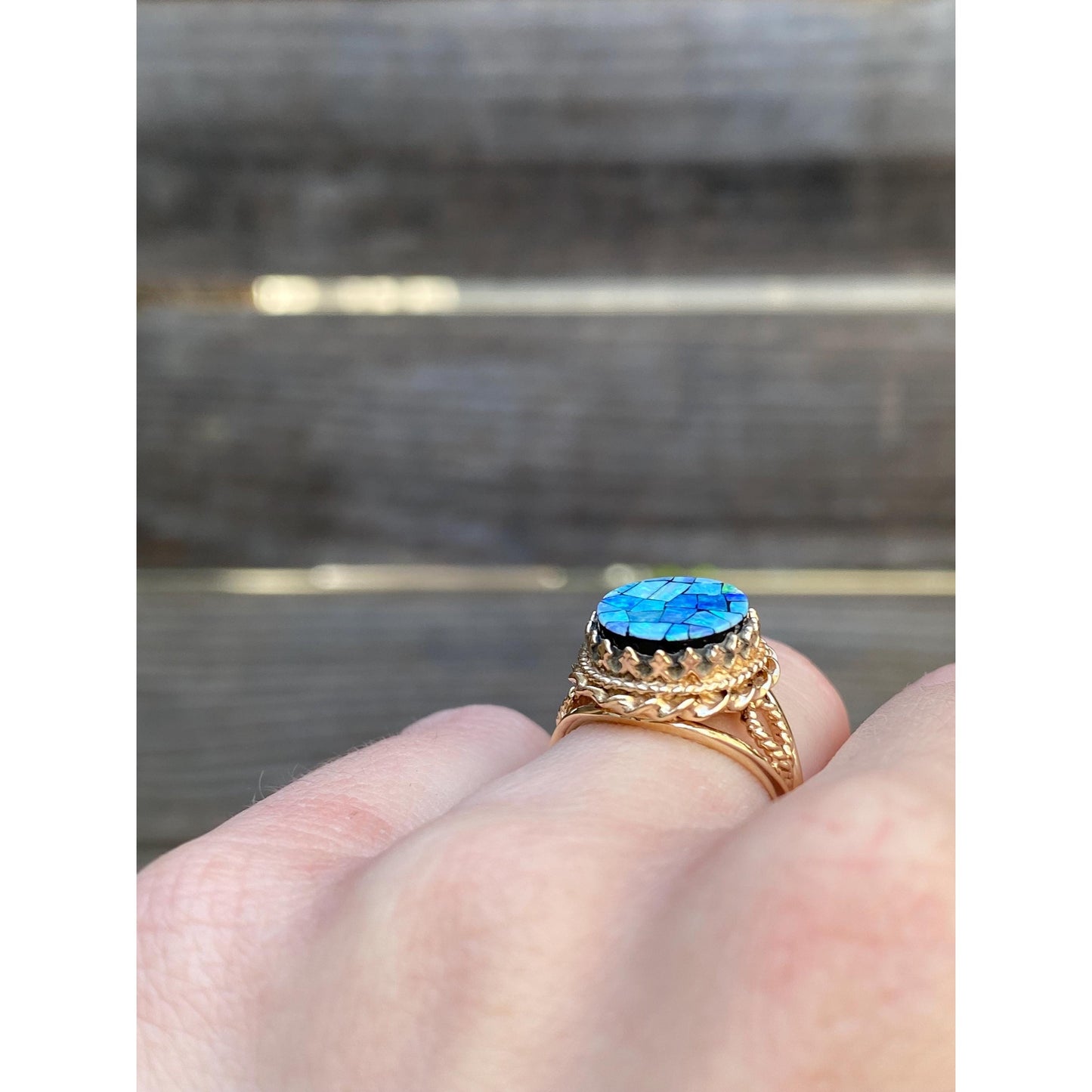 Vintage Solid 10k Yellow Gold Opal Mosaic Ring - Size 4.25