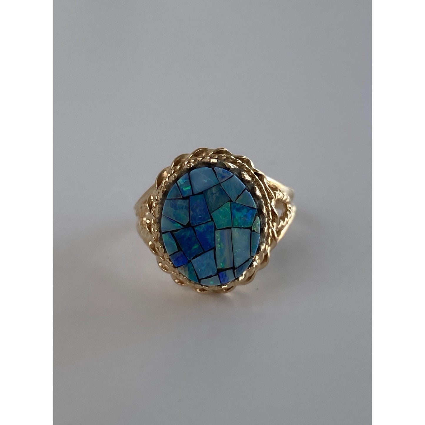 Vintage Solid 10k Yellow Gold Opal Mosaic Ring - Size 4.25