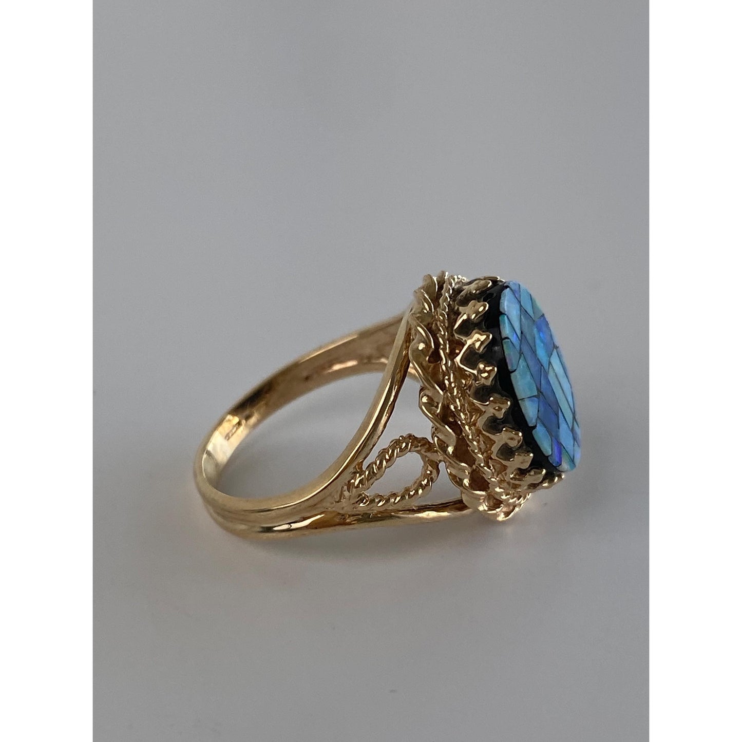 Vintage Solid 10k Yellow Gold Opal Mosaic Ring - Size 4.25