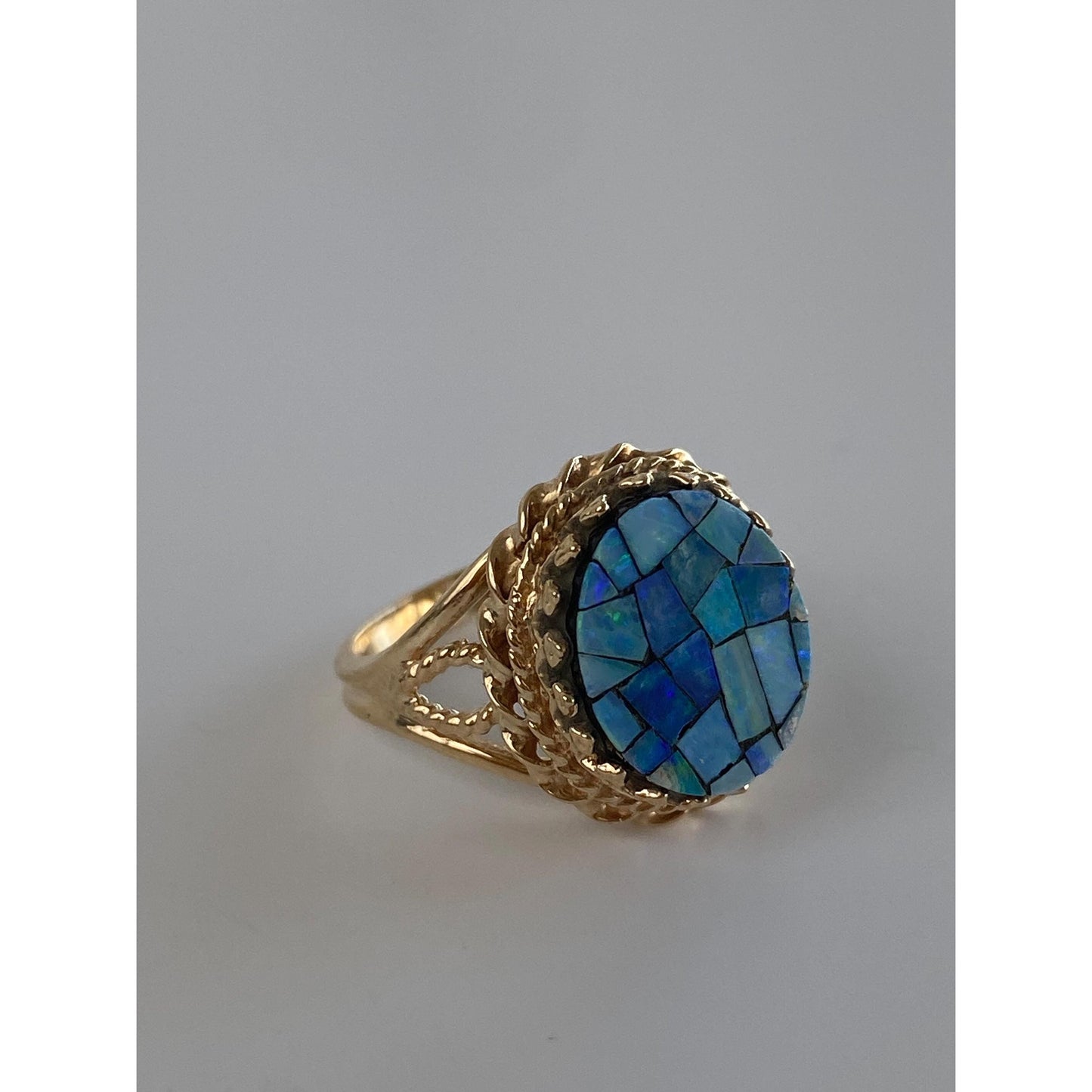 Vintage Solid 10k Yellow Gold Opal Mosaic Ring - Size 4.25