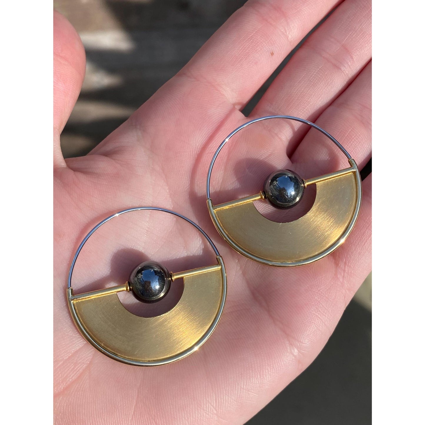 Vintage Solid 18k Yellow Gold & Stainless Steel Hematite Geometric Hoop Earrings