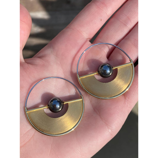 Vintage Solid 18k Yellow Gold & Stainless Steel Hematite Geometric Hoop Earrings