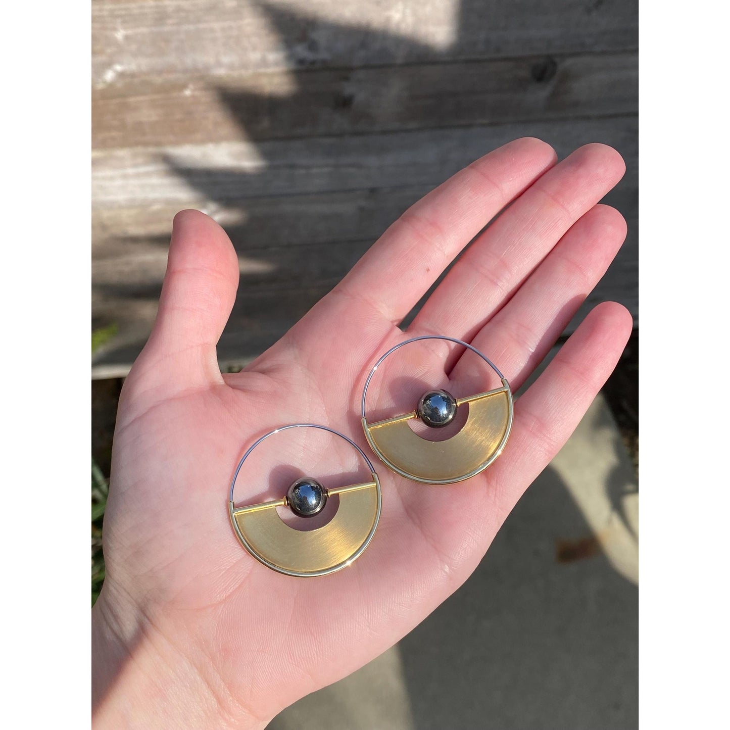 Vintage Solid 18k Yellow Gold & Stainless Steel Hematite Geometric Hoop Earrings