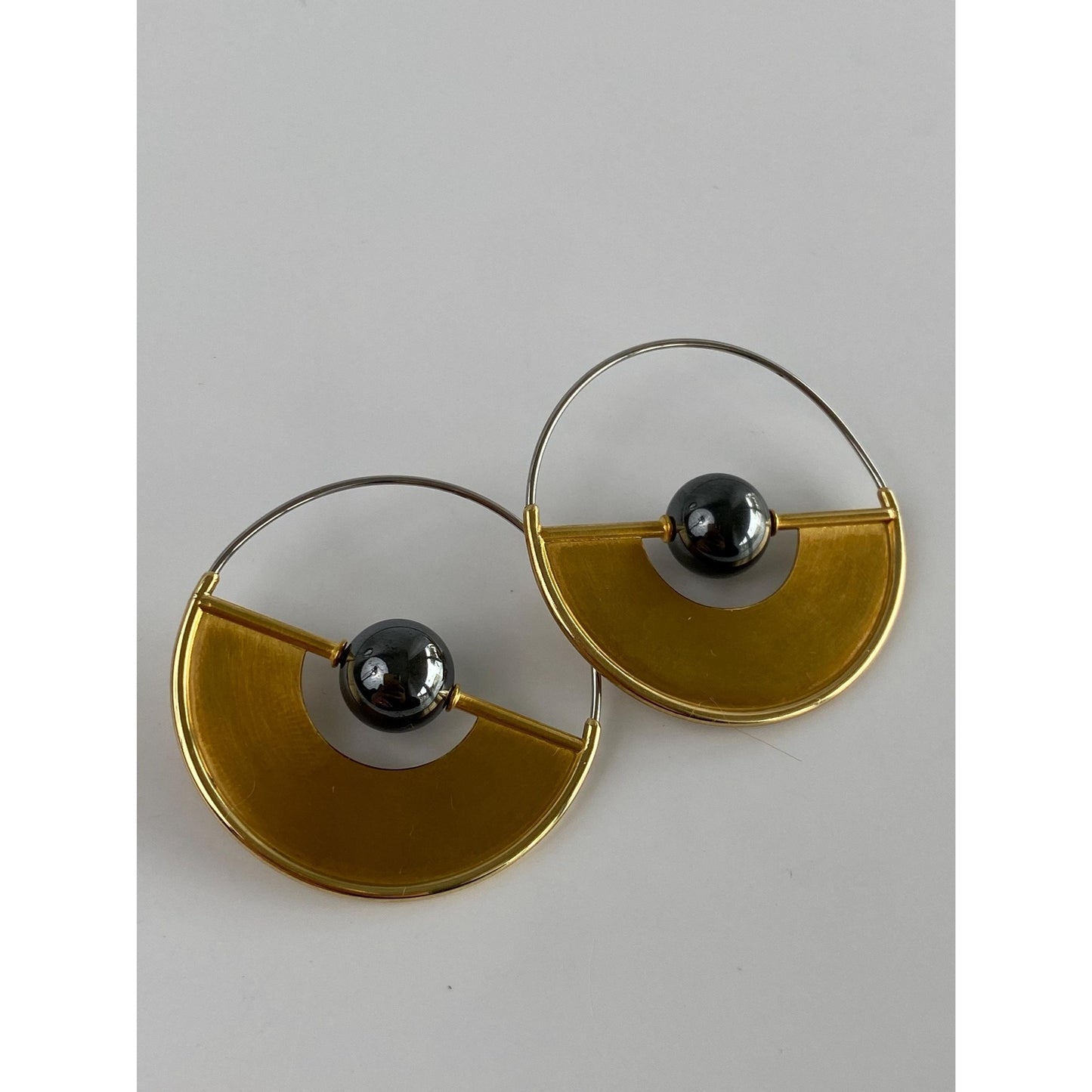 Vintage Solid 18k Yellow Gold & Stainless Steel Hematite Geometric Hoop Earrings