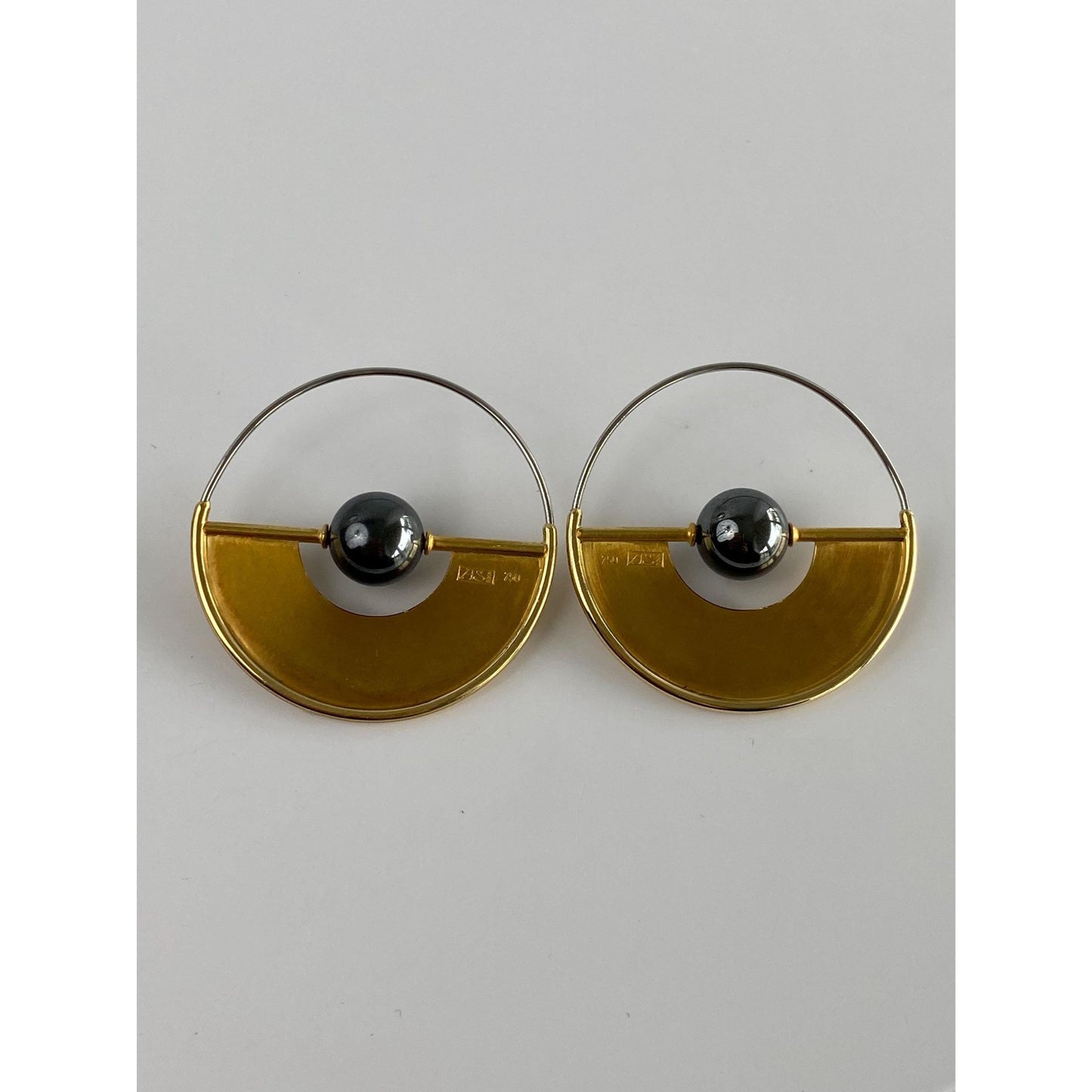 Vintage Solid 18k Yellow Gold & Stainless Steel Hematite Geometric Hoop Earrings