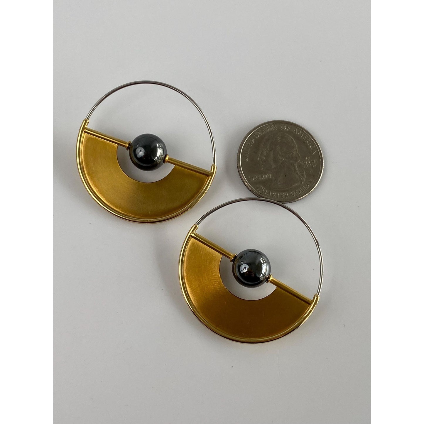 Vintage Solid 18k Yellow Gold & Stainless Steel Hematite Geometric Hoop Earrings