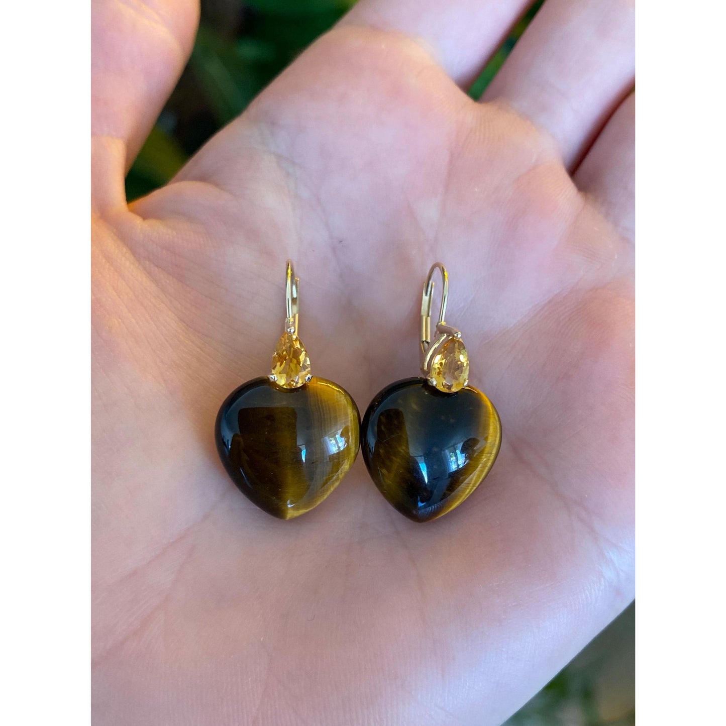 Solid 14k Yellow Gold Tigers Eye Heart Citrine Drop Earrings