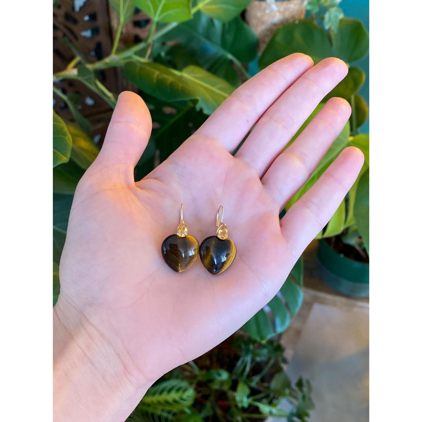 Solid 14k Yellow Gold Tigers Eye Heart Citrine Drop Earrings