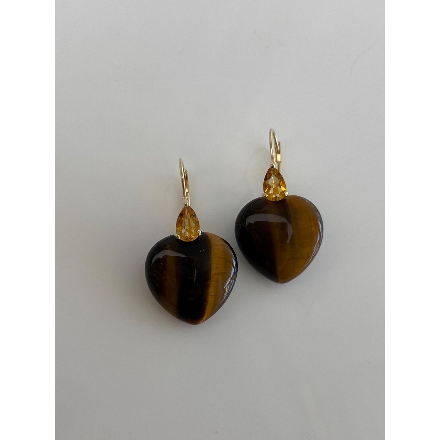Solid 14k Yellow Gold Tigers Eye Heart Citrine Drop Earrings
