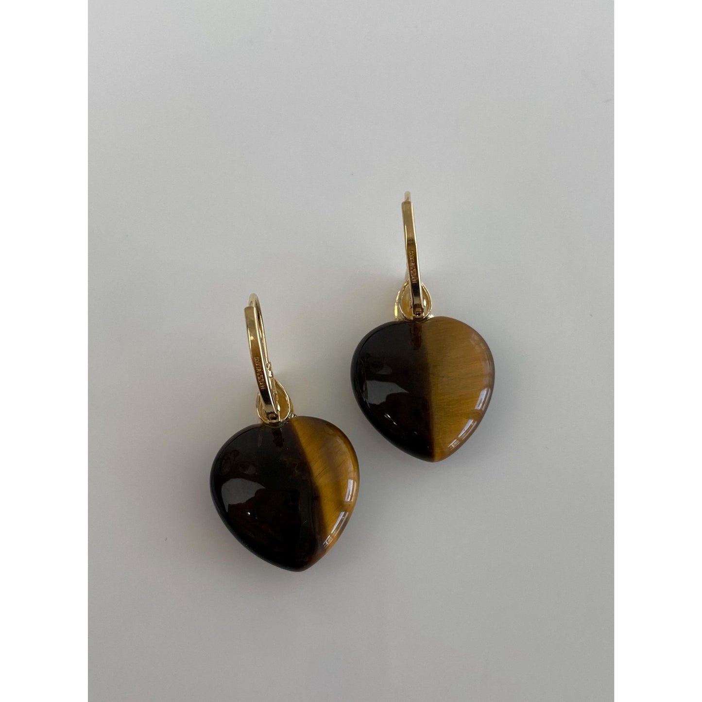 Solid 14k Yellow Gold Tigers Eye Heart Citrine Drop Earrings