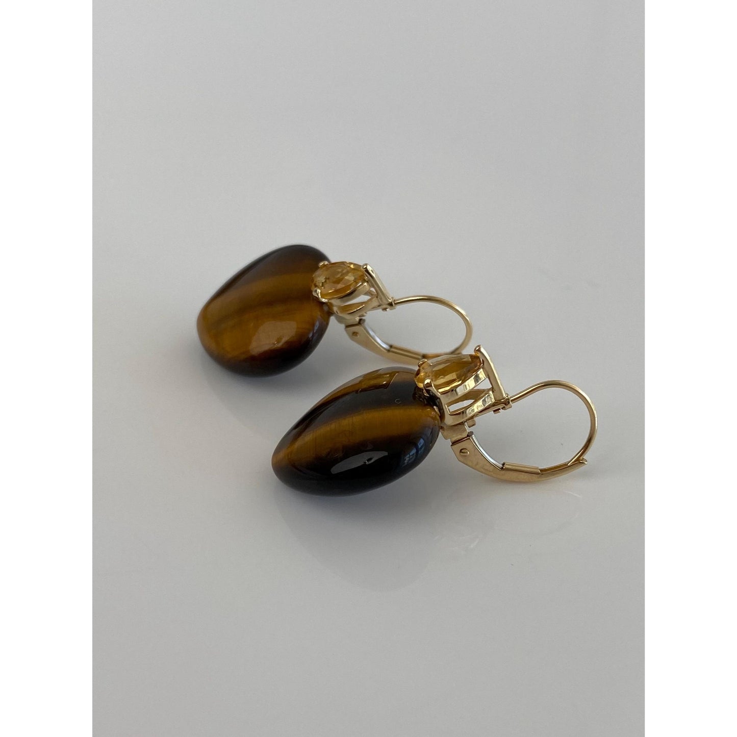 Solid 14k Yellow Gold Tigers Eye Heart Citrine Drop Earrings