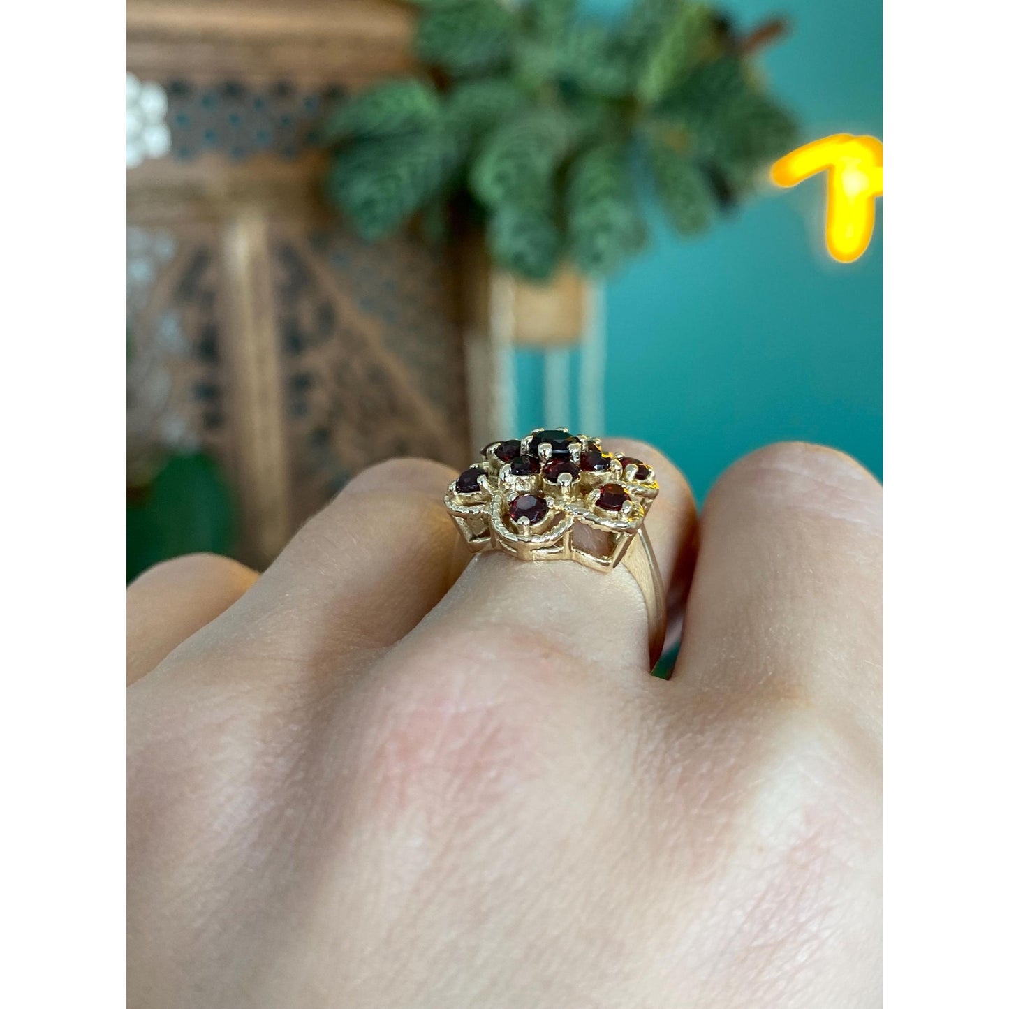 Vintage Solid 14k Yellow Gold Garnet Cluster Ring - Size 5.75