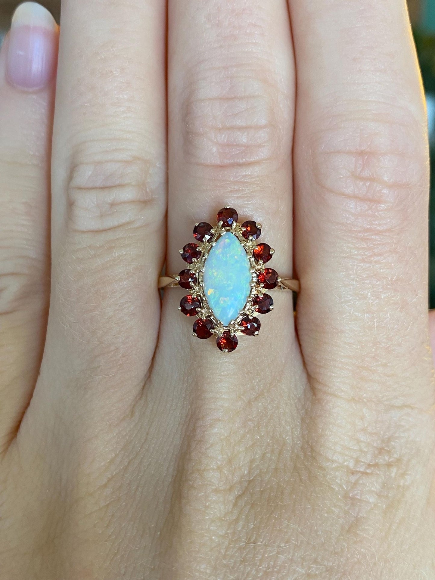 Vintage Solid 10k Yellow Gold Garnet Halo Marquis Opal Ring - Size 7.75